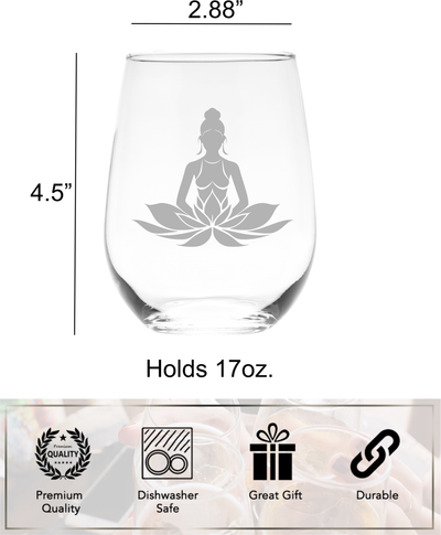 Mediating Lotus Woman Yoga Meditation Design Stemless Wine Glass - Yoga Themed Gift for Women and Men -17 oz.