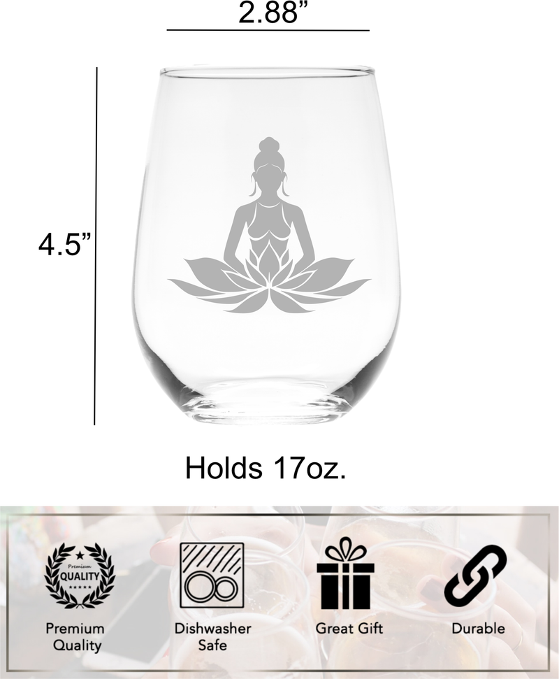 Mediating Lotus Woman Yoga Meditation Design Stemless Wine Glass - Yoga Themed Gift for Women and Men -17 oz.