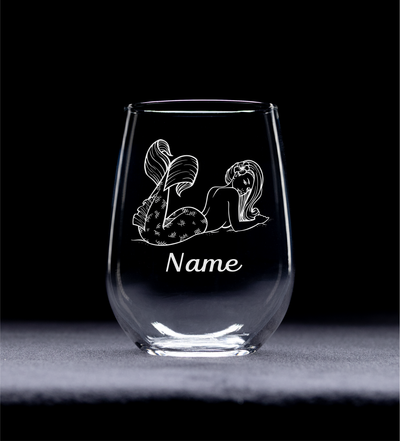 Mermaid with Name, 17 oz.  Custom Stemless Wine Glass - Personalized Mermaid Themed Gift for Women and Men