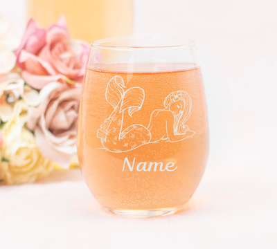 Mermaid with Name, 17 oz.  Custom Stemless Wine Glass - Personalized Mermaid Themed Gift for Women and Men