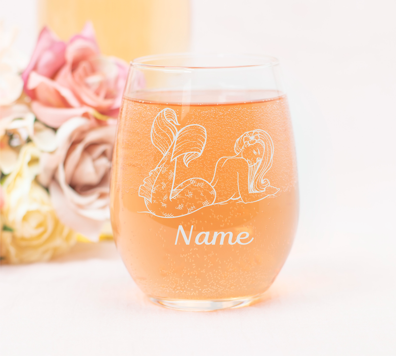 Mermaid with Name, 17 oz.  Custom Stemless Wine Glass - Personalized Mermaid Themed Gift for Women and Men