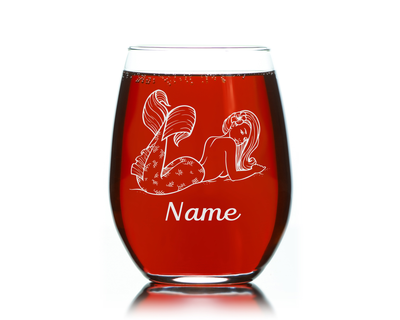 Mermaid with Name, 17 oz.  Custom Stemless Wine Glass - Personalized Mermaid Themed Gift for Women and Men