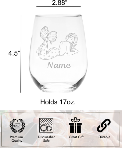 Mermaid with Name, 17 oz.  Custom Stemless Wine Glass - Personalized Mermaid Themed Gift for Women and Men