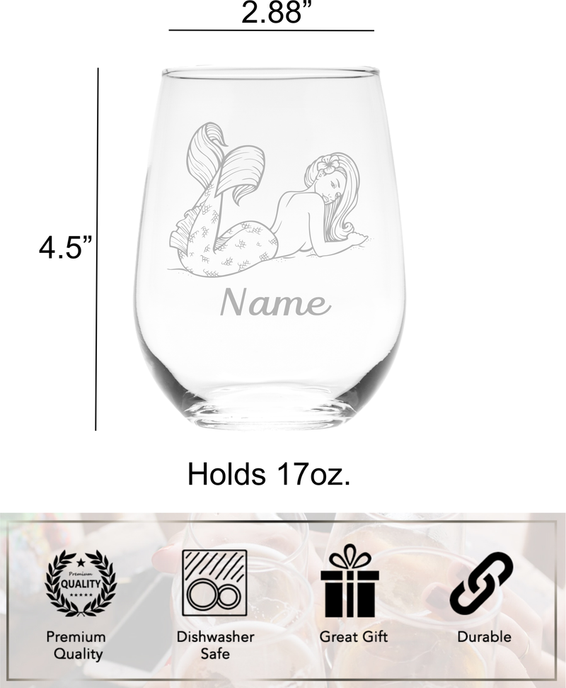 Mermaid with Name, 17 oz.  Custom Stemless Wine Glass - Personalized Mermaid Themed Gift for Women and Men