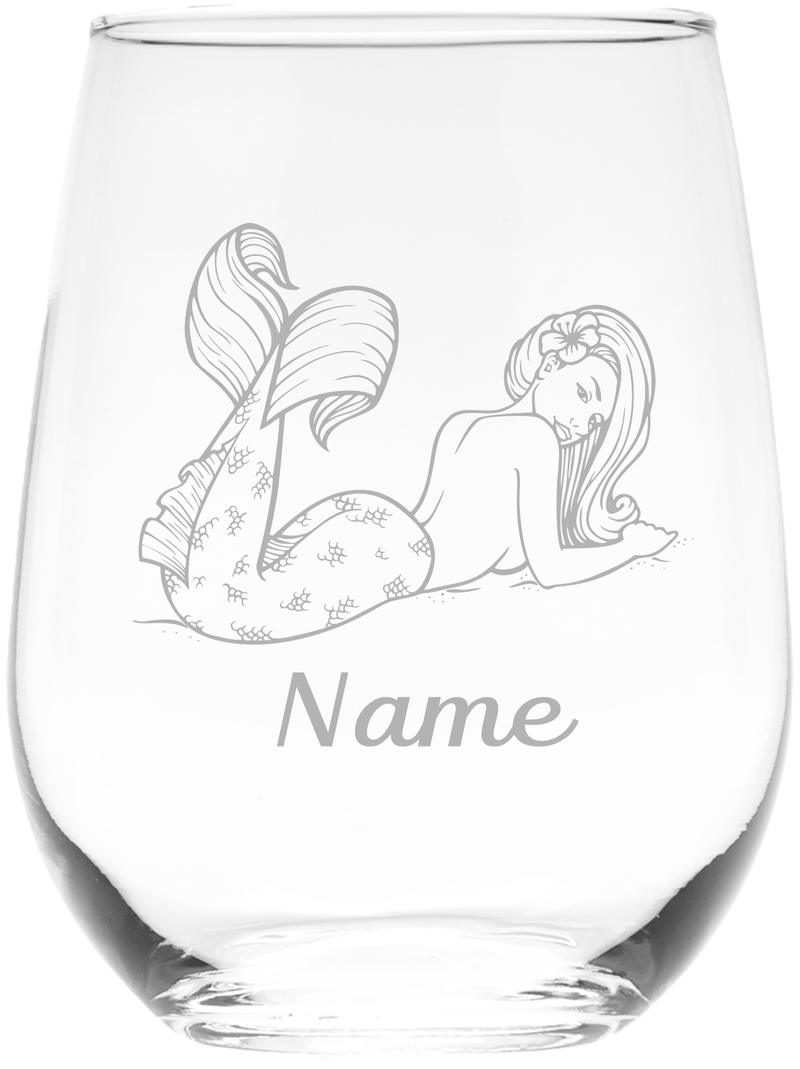 Mermaid with Name, 17 oz.  Custom Stemless Wine Glass - Personalized Mermaid Themed Gift for Women and Men
