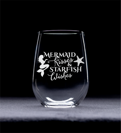 Mermaid Kisses and Starfish Wishes Stemless Wine Glass,  17 oz. - Mermaid Themed Gift for Women and Men