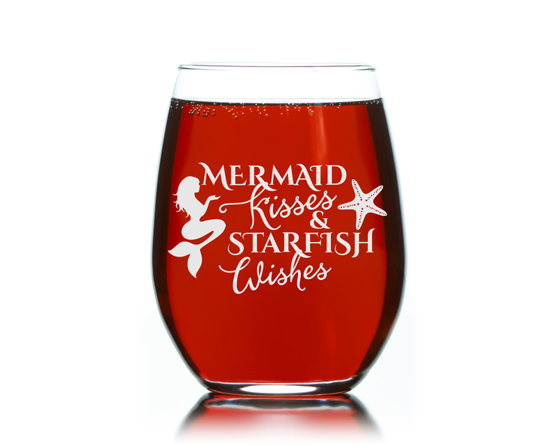 Mermaid Kisses and Starfish Wishes Stemless Wine Glass,  17 oz. - Mermaid Themed Gift for Women and Men
