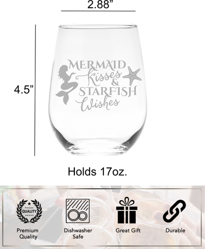 Mermaid Kisses and Starfish Wishes Stemless Wine Glass,  17 oz. - Mermaid Themed Gift for Women and Men