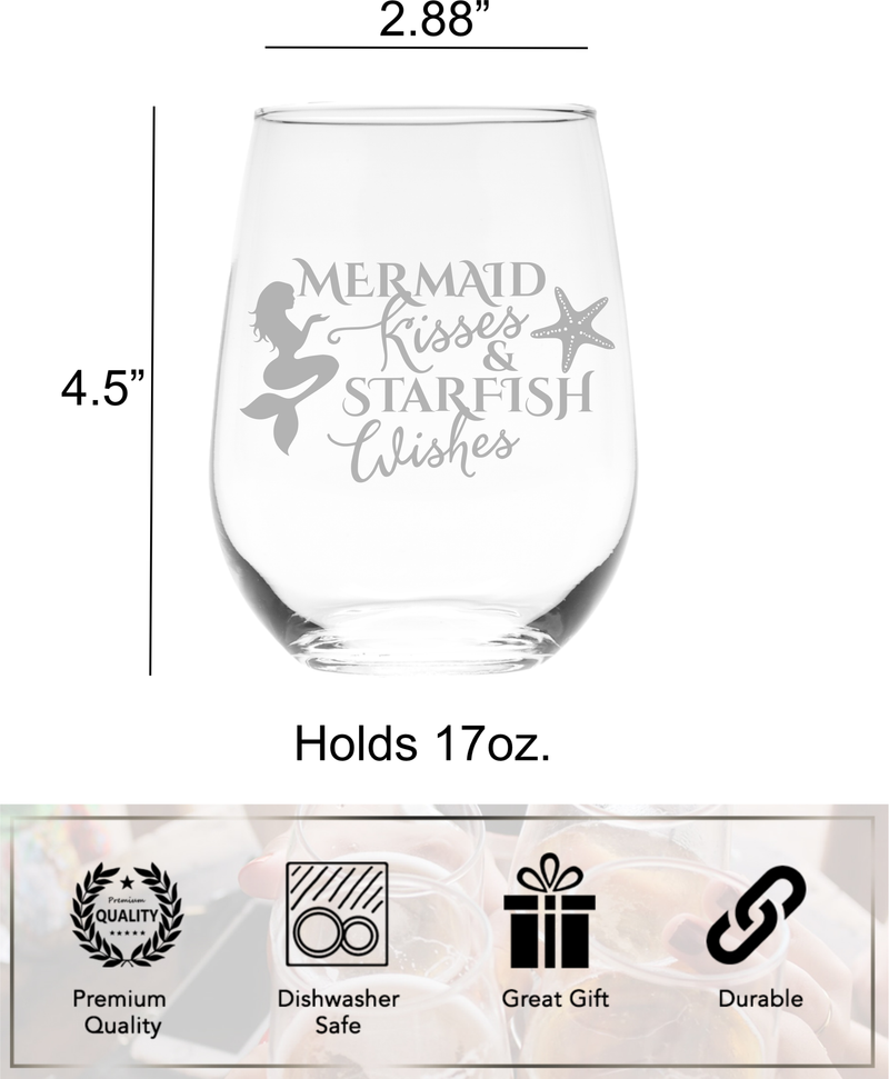 Mermaid Kisses and Starfish Wishes Stemless Wine Glass,  17 oz. - Mermaid Themed Gift for Women and Men