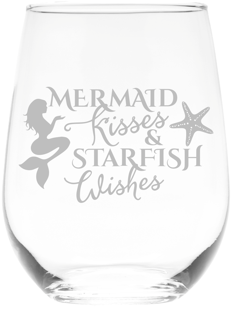 Mermaid Kisses and Starfish Wishes Stemless Wine Glass,  17 oz. - Mermaid Themed Gift for Women and Men
