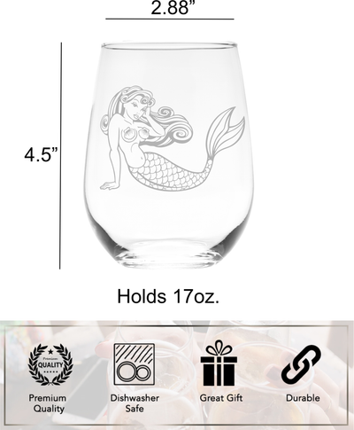 Mermaid Themed Stemless Wine Glass, 17 oz. - Mermaid Lovers Gift for Men and Women  (Style M5)