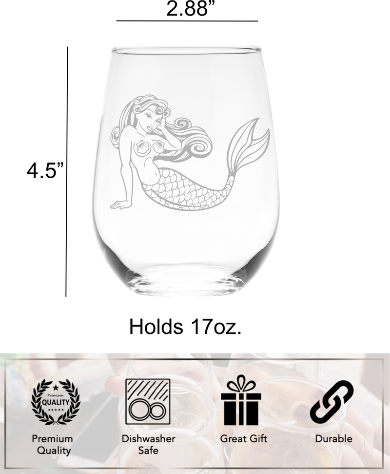 Mermaid Themed Stemless Wine Glass, 17 oz. - Mermaid Lovers Gift for Men and Women  (Style M5)
