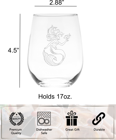 Mermaid Stemless Wine Glass - Mermaid Themed Gift for Women and Men - 17 oz.  (Style M6)