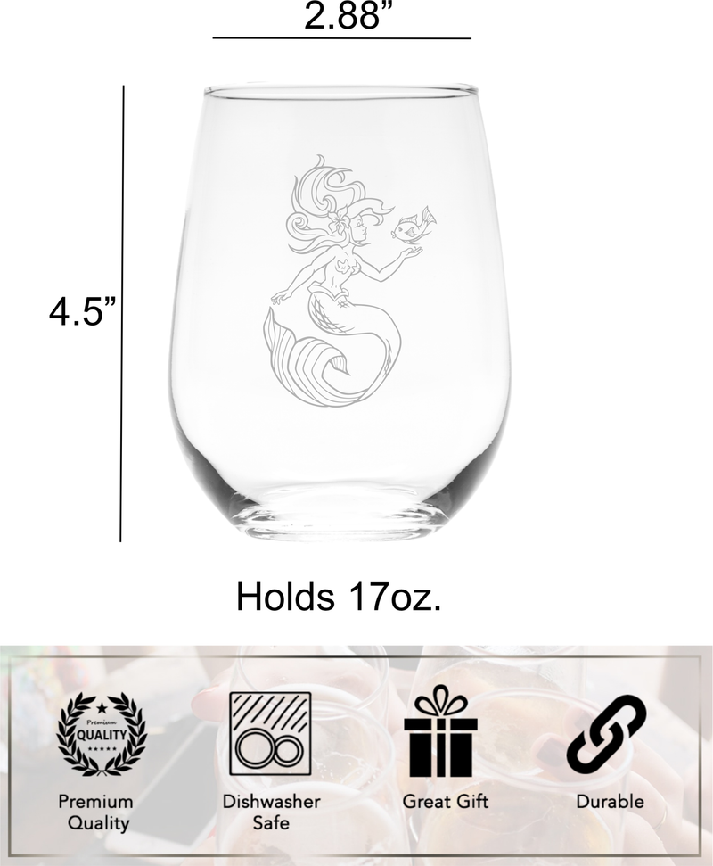 Mermaid Stemless Wine Glass - Mermaid Themed Gift for Women and Men - 17 oz.  (Style M6)