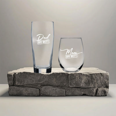 Dad Off Duty 20 oz. Beer Glass  and Mom Off Duty 15 oz.  Stemless Wine Glass - Set of 2 – Mom and Dad Gift for Men and Women