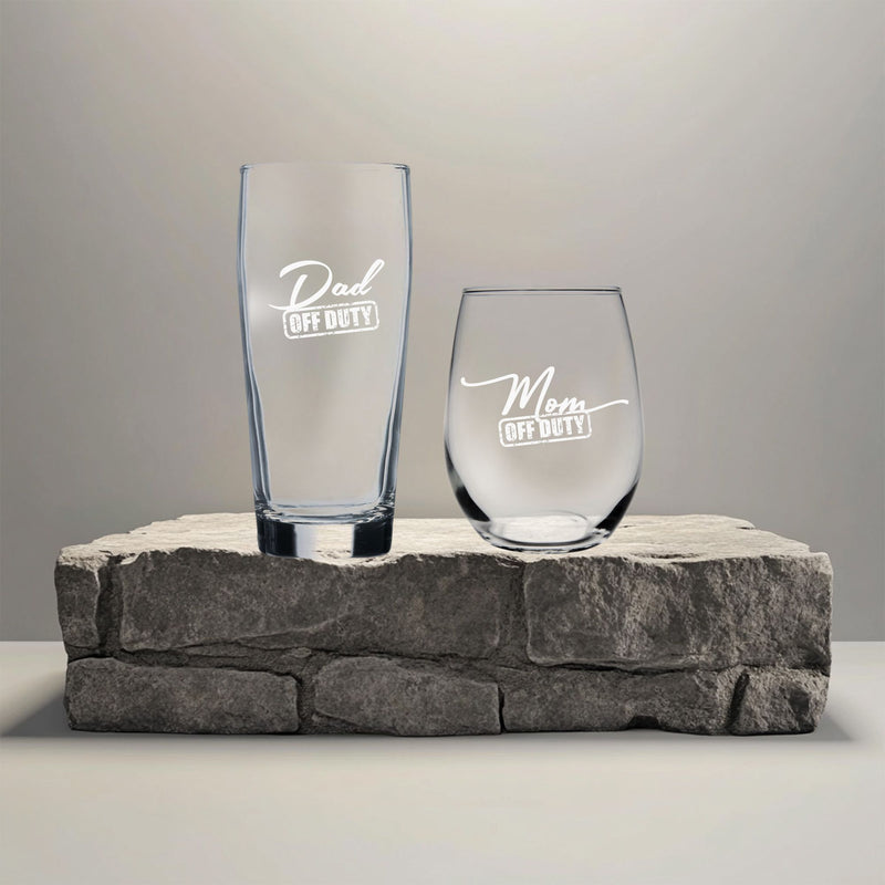 Dad Off Duty 20 oz. Beer Glass  and Mom Off Duty 15 oz.  Stemless Wine Glass - Set of 2 – Mom and Dad Gift for Men and Women