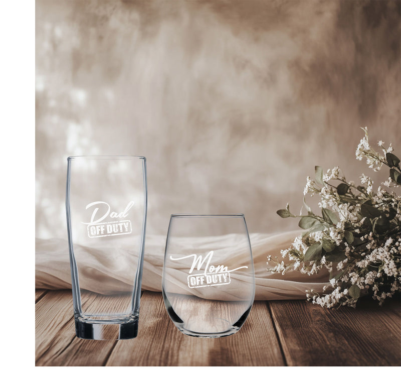 Dad Off Duty 20 oz. Beer Glass  and Mom Off Duty 15 oz.  Stemless Wine Glass - Set of 2 – Mom and Dad Gift for Men and Women