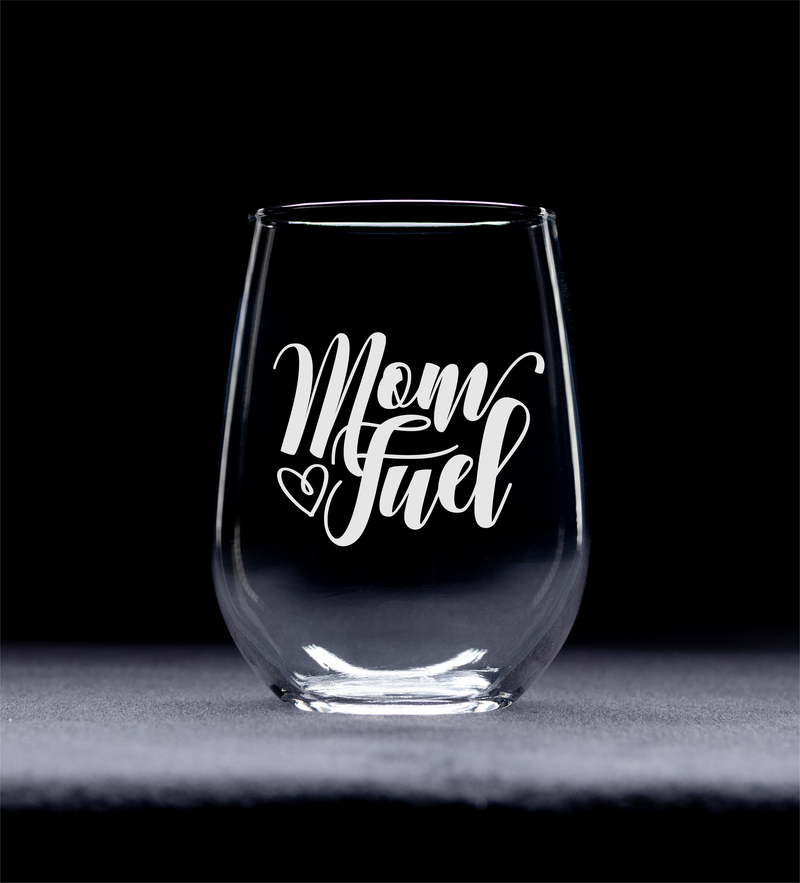Mom Fuel Funny Stemless Wine Glass - Mom Themed Gift for Women -  17 oz.