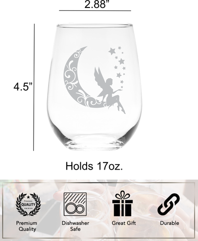 Moon Fairy 17 oz Stemless Wine Glass - Fairy Themed Gift for Women and Men
