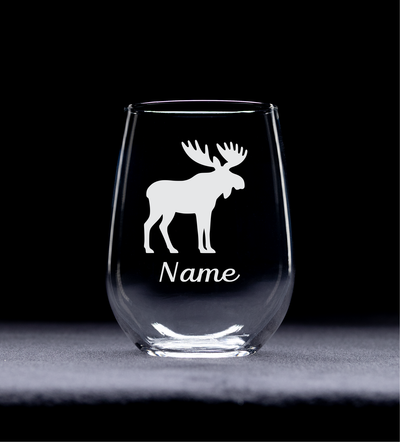 Moose with Name 17 oz.  Custom Stemless Wine Glass - Personalized Moose Lover Themed Gift for Women and Men