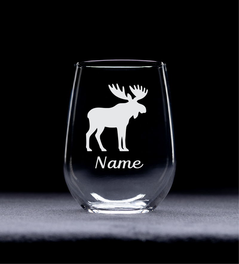 Moose with Name 17 oz.  Custom Stemless Wine Glass - Personalized Moose Lover Themed Gift for Women and Men