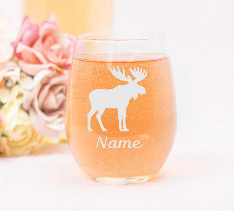 Moose with Name 17 oz.  Custom Stemless Wine Glass - Personalized Moose Lover Themed Gift for Women and Men