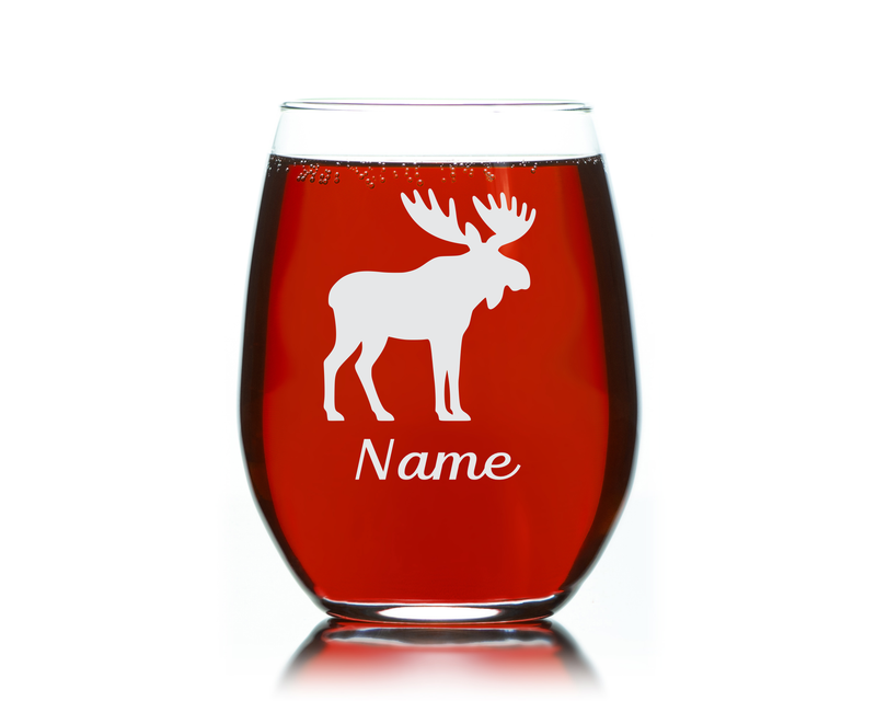 Moose with Name 17 oz.  Custom Stemless Wine Glass - Personalized Moose Lover Themed Gift for Women and Men