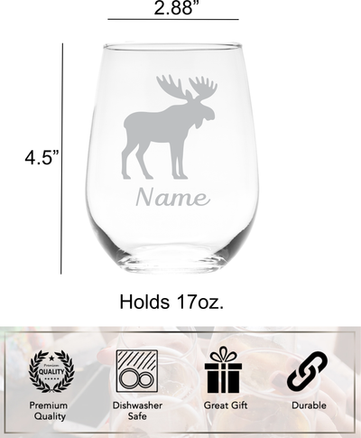 Moose with Name 17 oz.  Custom Stemless Wine Glass - Personalized Moose Lover Themed Gift for Women and Men