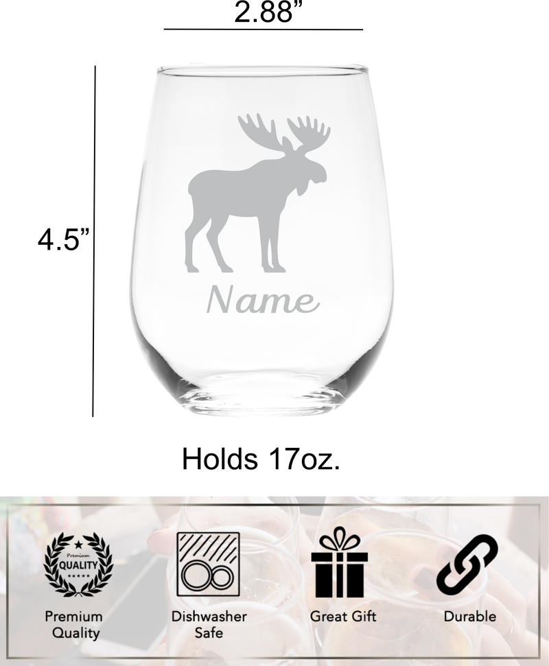 Moose with Name 17 oz.  Custom Stemless Wine Glass - Personalized Moose Lover Themed Gift for Women and Men