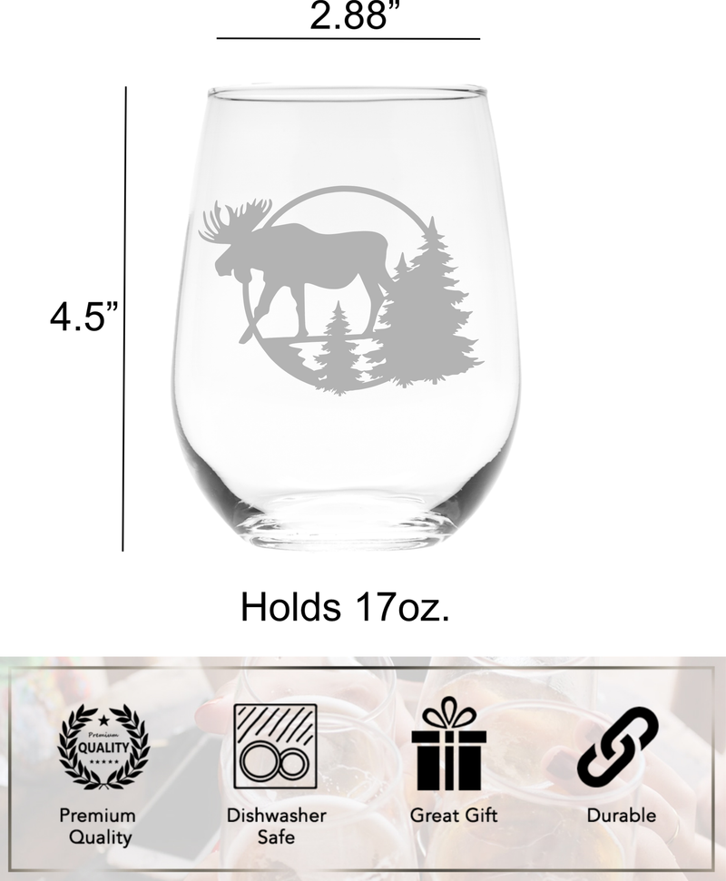 Moose Stemless Wine Glass, 17 oz.  - Moose Themed Gift for Men and Women (Style M1)