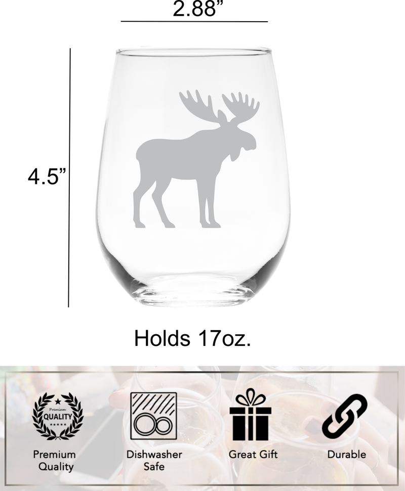 Moose Stemless Wine Glass, 17 oz.  - Moose Themed Gift for Men and Women (Style M2)