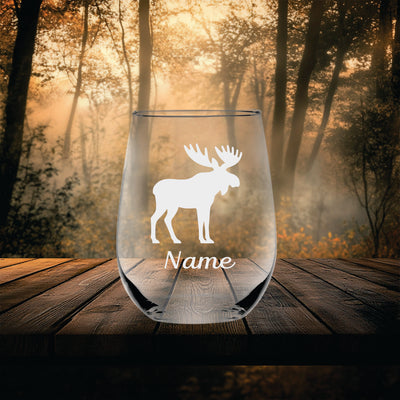 Moose with Name 17 oz.  Custom Stemless Wine Glass - Personalized Moose Lover Themed Gift for Women and Men