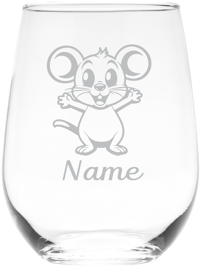 Mouse with Name 17 oz.  Custom Stemless Wine Glass - Personalized Mouse Lover Themed Gift for Women and Men