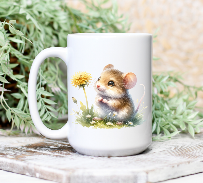 Mouse Dandelion Flower Design Ceramic Coffee Mug, 15 oz