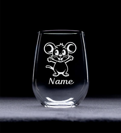 Mouse with Name 17 oz.  Custom Stemless Wine Glass - Personalized Mouse Lover Themed Gift for Women and Men