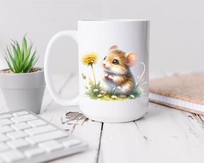 Mouse Dandelion Flower Design Ceramic Coffee Mug, 15 oz