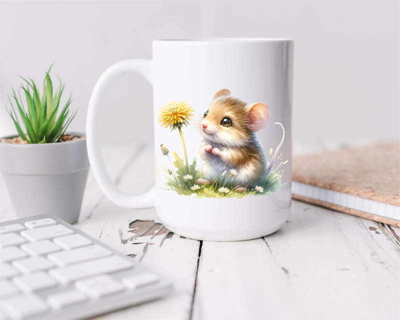 Mouse Dandelion Flower Design Ceramic Coffee Mug, 15 oz