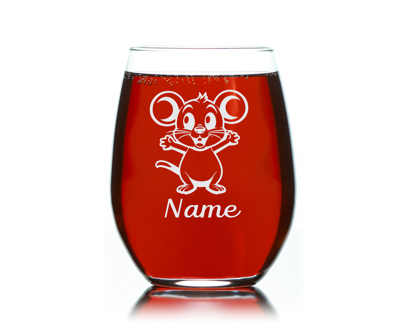 Mouse with Name 17 oz.  Custom Stemless Wine Glass - Personalized Mouse Lover Themed Gift for Women and Men