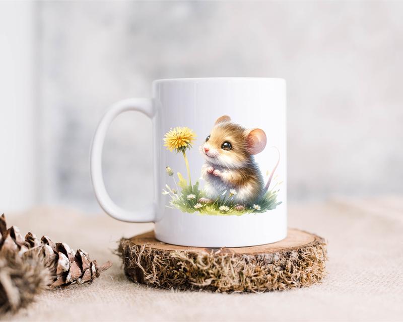 Mouse Dandelion Flower Design Ceramic Coffee Mug, 15 oz