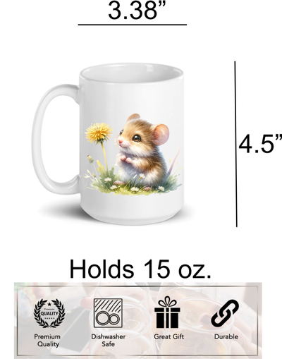 Mouse Dandelion Flower Design Ceramic Coffee Mug, 15 oz