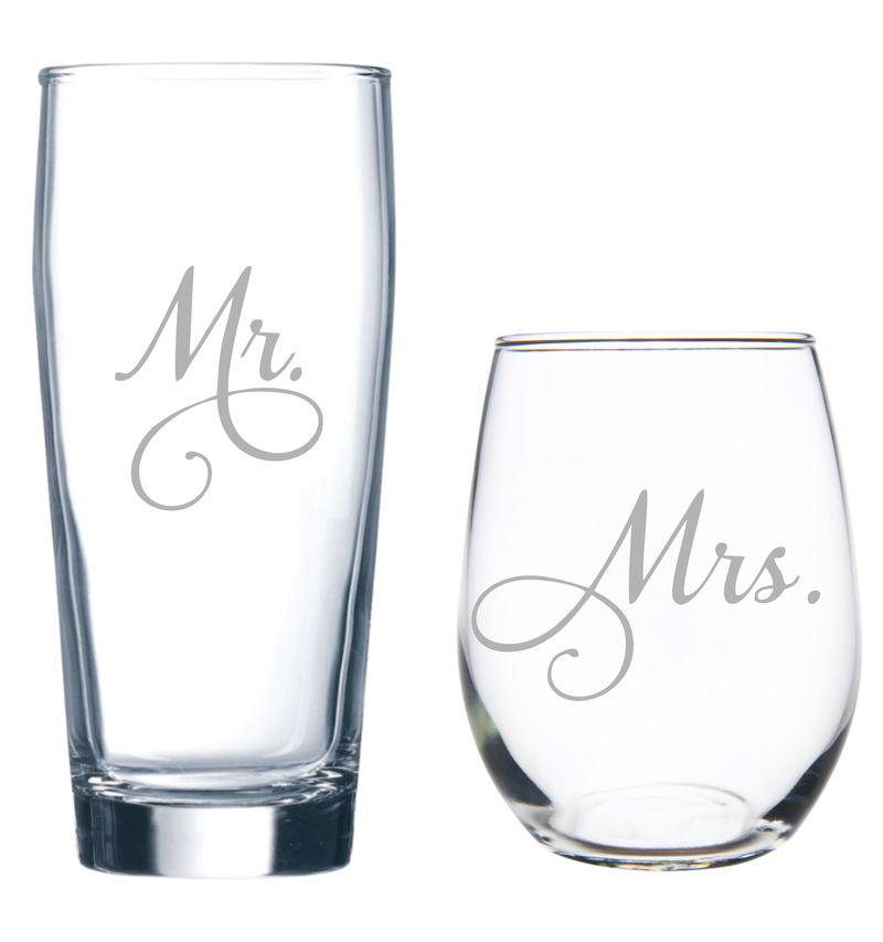 Mr. and Mrs. 15 oz. Stemless Wine and 20 oz. Beer Glass Set of 2 - Gift for Couples.  Bridal, Engagement and Weddings