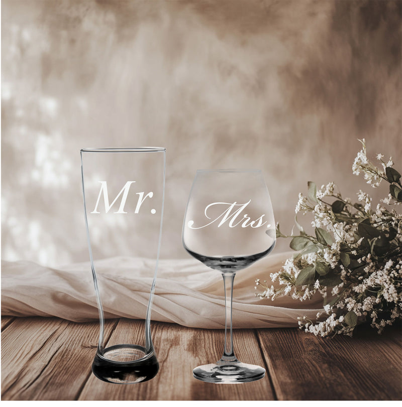 Mr. and Mrs. Wedding  Set - 23 oz. Beer Pilsner and 18 oz. Wine Glass - Gift for Anniversary, Bridal, Engagement, Couples, and Weddings