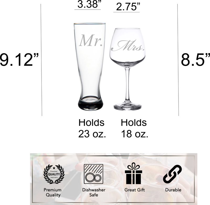 Mr. and Mrs. Wedding  Set - 23 oz. Beer Pilsner and 18 oz. Wine Glass - Gift for Anniversary, Bridal, Engagement, Couples, and Weddings