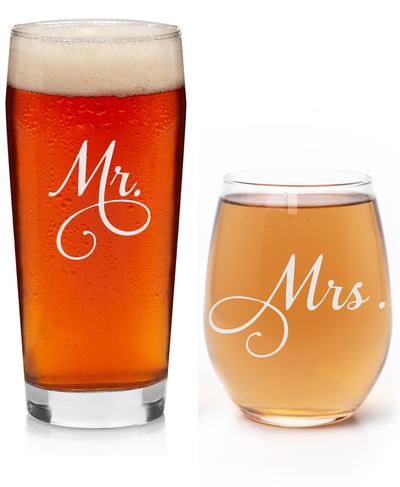 Mr. and Mrs. 15 oz. Stemless Wine and 20 oz. Beer Glass Set of 2 - Gift for Couples.  Bridal, Engagement and Weddings