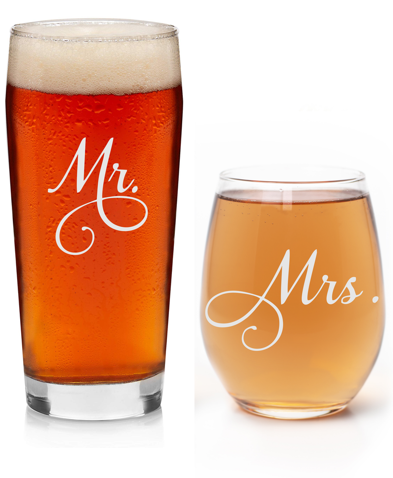 Mr. and Mrs. 15 oz. Stemless Wine and 20 oz. Beer Glass Set of 2 - Gift for Couples.  Bridal, Engagement and Weddings