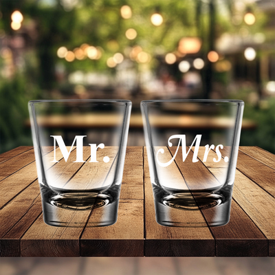 Mr. and  Mrs. Shot Glass Set - 2 Pieces - Gift for Couples, Bridal, Engagement and Weddings - 1.75 oz.