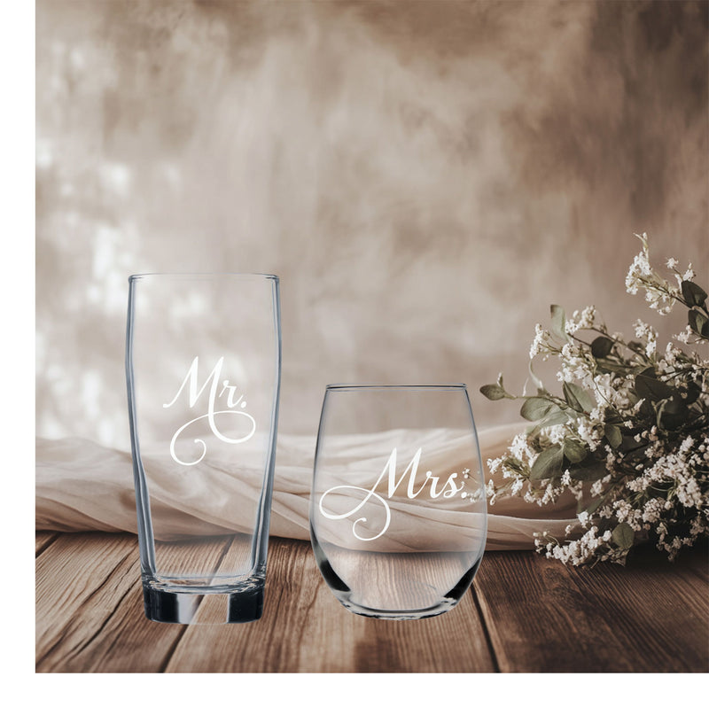 Mr. and Mrs. 15 oz. Stemless Wine and 20 oz. Beer Glass Set of 2 - Gift for Couples.  Bridal, Engagement and Weddings