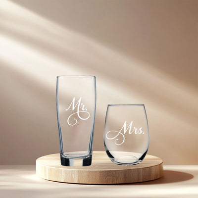 Mr. and Mrs. 15 oz. Stemless Wine and 20 oz. Beer Glass Set of 2 - Gift for Couples.  Bridal, Engagement and Weddings