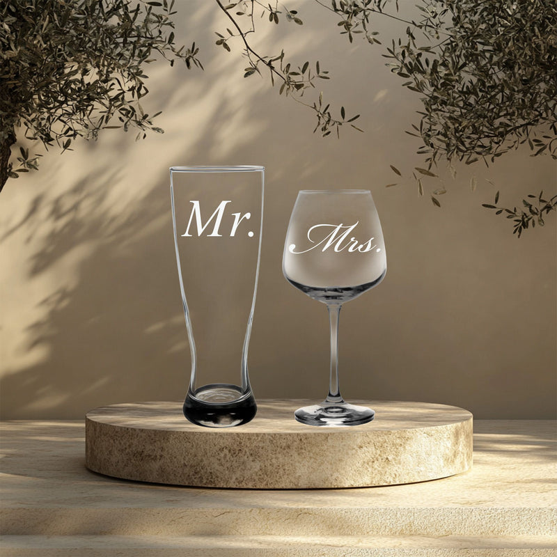 Mr. and Mrs. Wedding  Set - 23 oz. Beer Pilsner and 18 oz. Wine Glass - Gift for Anniversary, Bridal, Engagement, Couples, and Weddings