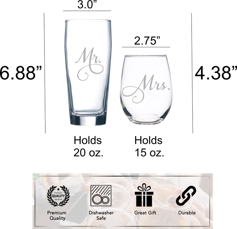 Mr. and Mrs. 15 oz. Stemless Wine and 20 oz. Beer Glass Set of 2 - Gift for Couples.  Bridal, Engagement and Weddings